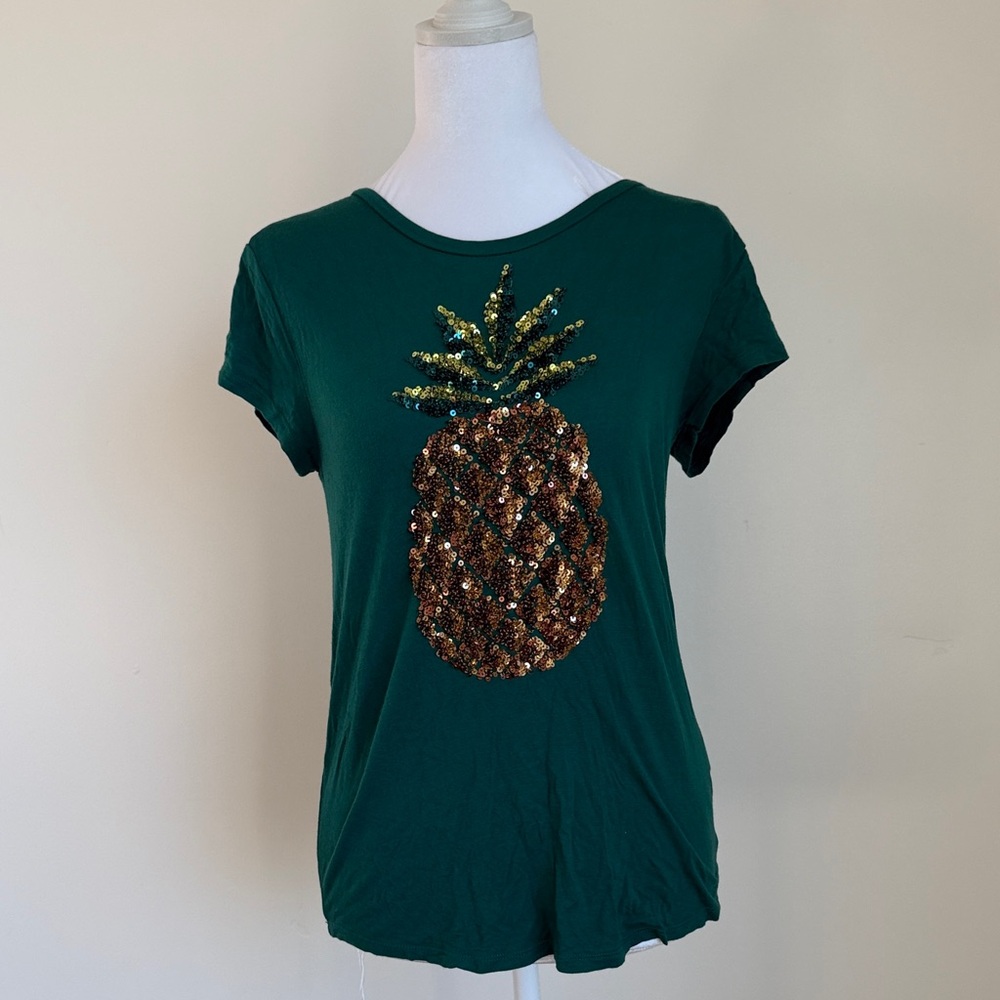 H&M Green Tee with Sequin Pineapple Design